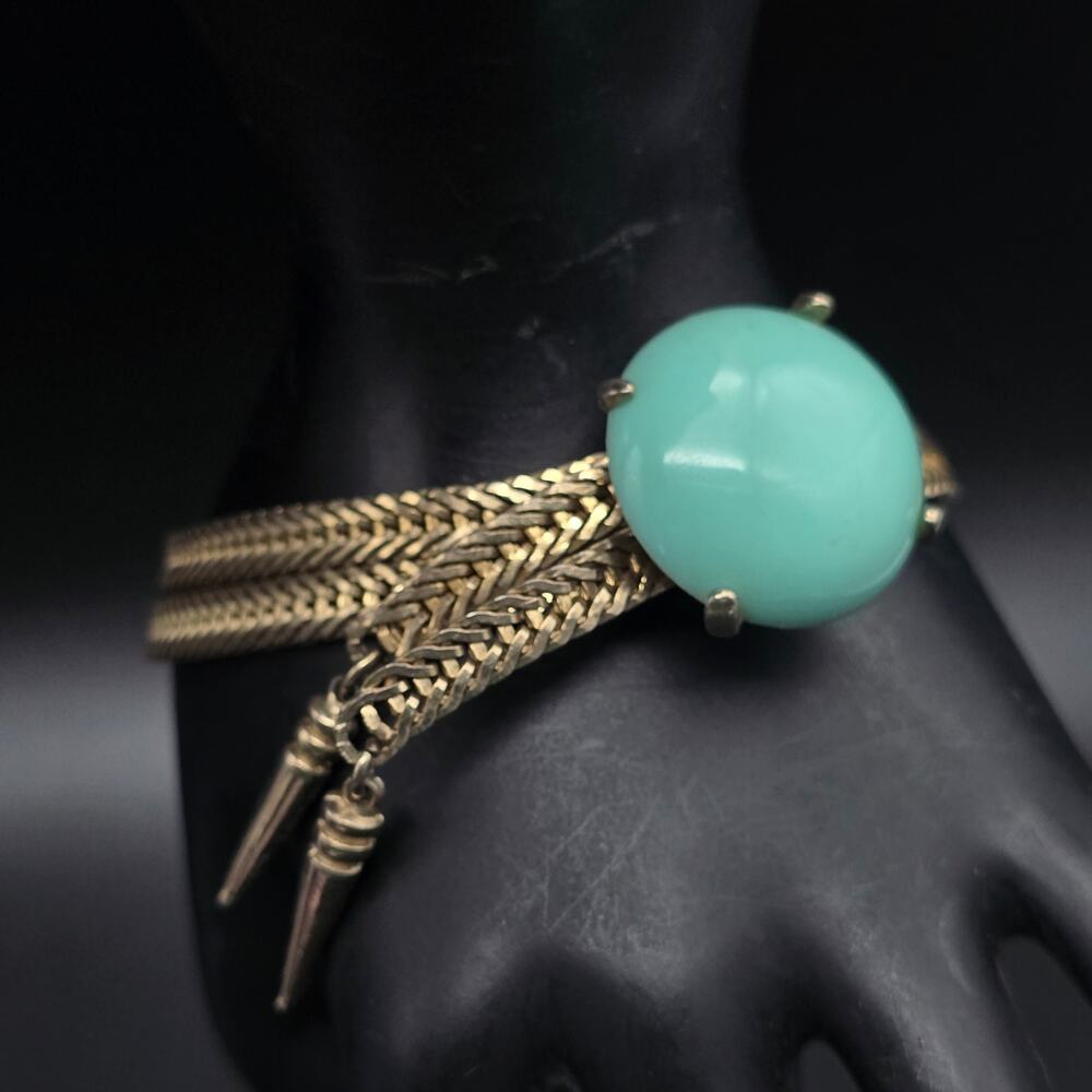 Vintage Gold Tone Slider Bracelet Teal Blue Double Chain